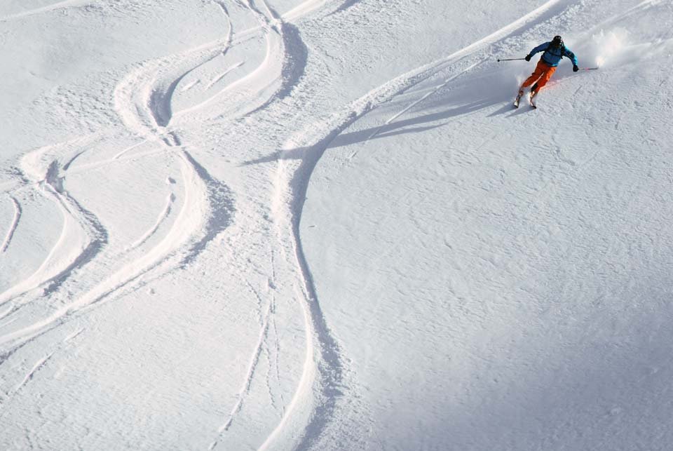 Skier riding through powder snow